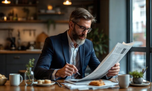 A businessman in a tailored suit sits at a café table reading a newspaper while savoring a delicious breakfast. The ambiance is warm and inviting