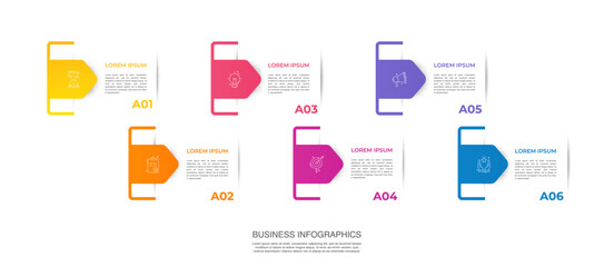 Vector template arrow infographics with 6 steps. Business premium creative concept with options, labels, parts. Six steps for content, flowchart, timeline, levels, presentation.