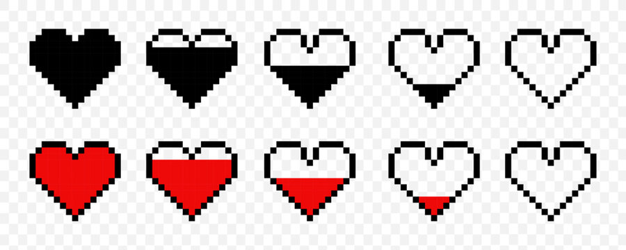 Pixel heart video game set isolated on background. Pixel heart icon set. 8 bit hearts. 