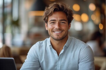 Obraz premium charismatic young professional man with a confident smile working on a laptop in a bright modern office setting casual yet stylish attire and a dynamic pose convey success and productivity