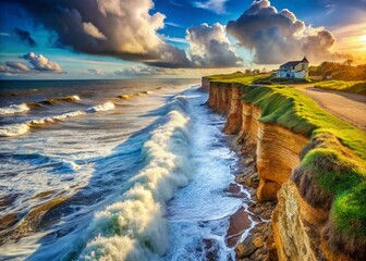 Naklejka premium Visual Representation of Sea Level Rising with Coastal Erosion and Flooded Beach Landscape Trends