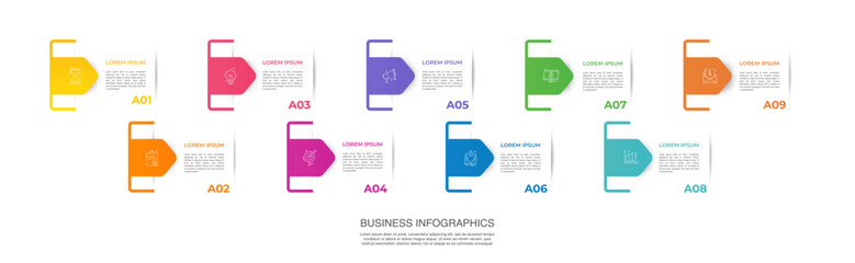 Vector template arrow infographics with 9 steps. Business premium creative concept with options, labels, parts. Nine steps for content, flowchart, timeline, levels, presentation.