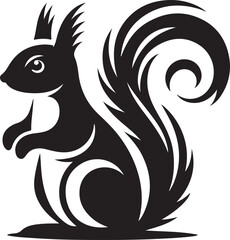 A black squirrel with a roundeye and long tail on white background