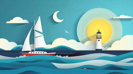 Naklejka premium Beautiful sailing illustration with white sailboat, lighthouse, waves and sea. Nautical illustration background, perfect for sailing or maritime travel website.