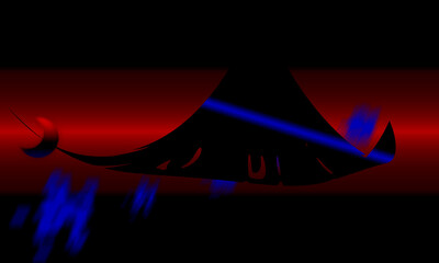 Fantasy graphic. Black alien space ship flying. Red and black sky. Red moon Illusion of 3d distance dimension depth. Red horizon line. Blue cloud effect. Gradient blur effect. Design element.