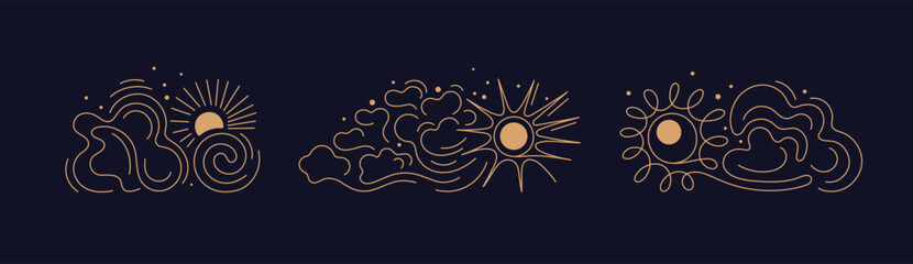 Sun line art golden symbol on dark sky. Vector set