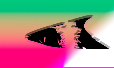 Fantasy graphic. Black alien space ship attacked by space creature. Illusion of 3d distance dimension depth. Color blends of greens pinks yellows, white. Gradient blur effect. Design element.