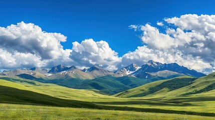Obraz premium A verdant valley, surrounded by towering mountains, lies beneath a clear blue sky adorned with cotton-like clouds Lush green grass carpeting the foreground