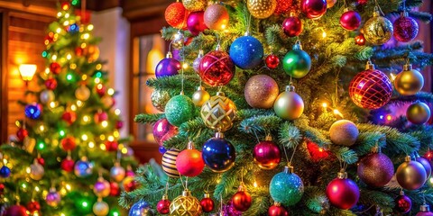 Whimsical Christmas Tree Decorated with Colorful Ornaments and Twinkling Lights in a Cozy Setting