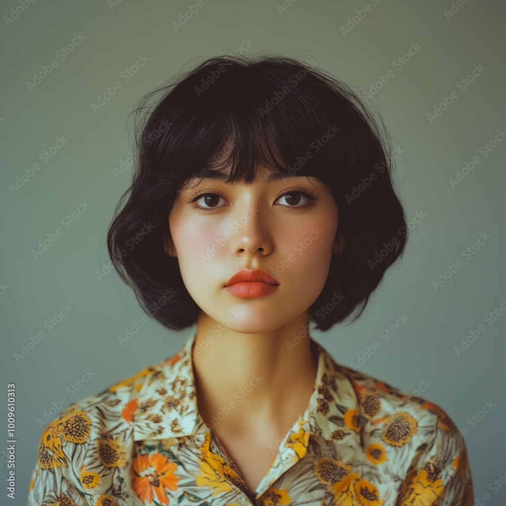 Wall mural A woman with short black hair wearing a floral shirt