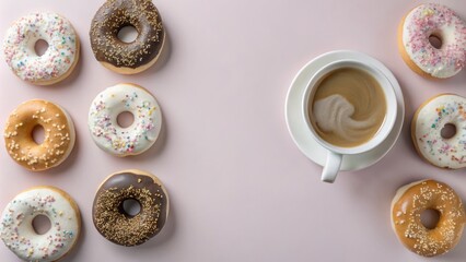 Fototapeta premium Flat lay of donuts with various toppings, paired with a cup of coffee on a soft pink background.