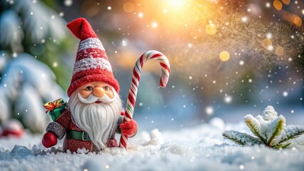 A whimsical Christmas gnome in a snowy garden holding a candy cane, surrounded by twinkling lights.