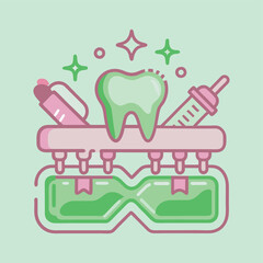 Dental Health Vector Illustration with Tooth, Dental Tools, Syringe, Capsules, Toothpaste Tube, Hourglass, Oral Hygiene, Dentistry Symbols, Clean Tooth, Dental Care