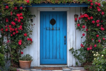 Fototapeta premium charming cottage entrance with a vibrant blue door framed by climbing roses and a quaint stone pathway bathed in warm sunlight