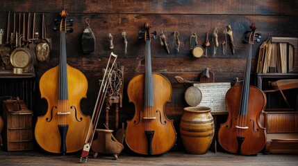 Fototapeta premium Four Violins and Accessories Resting on a Wooden Surface