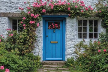 charming cottage entrance with a vibrant blue door framed by climbing roses and a quaint stone pathway bathed in warm sunlight