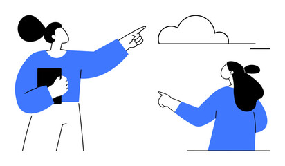 Two simplified figures in blue and white, pointing towards a cloud. One holds a tablet. Ideal for communication, technology, innovation, teamwork, presentations, future planning. Minimalist cartoon