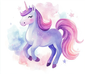Fototapeta premium Cute watercolor unicorn with a pink and purple mane, surrounded by pastel stars, creating a magical and whimsical scene