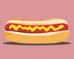 Hot-dog with mustard on pink background, vector illustration