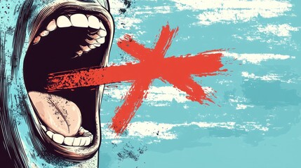 An abstract illustration of a mouth shouting with a red cross, symbolizing censorship or silence.