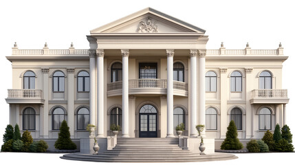 Fototapeta premium A spacious luxury mansion with a grand entrance, large columns, and an elegant staircase.