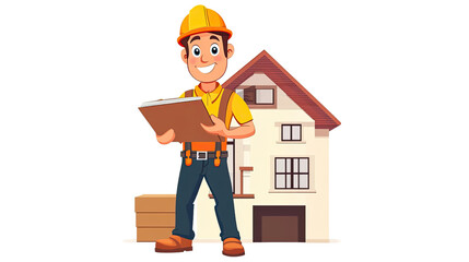 A smiling female builder wearing a hard hat and using a laptop at a construction site with a house in the background