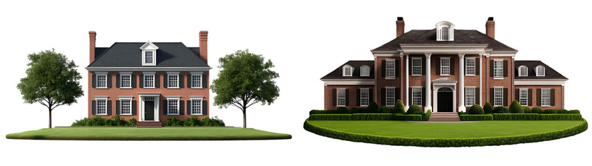 Houses and Mansions isolated on transparent PNG. Modern houses styles.