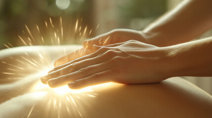 Naklejka premium Hands performing energy healing or massage therapy with a glowing effect