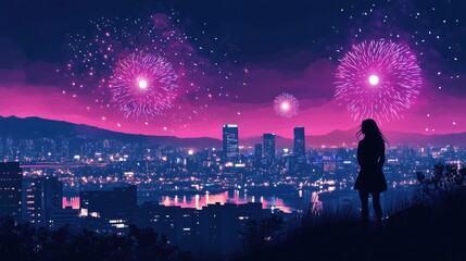 Fototapeta premium Fireworks display over city skyline at night