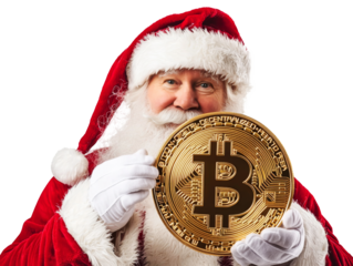 Santa Claus holding a bitcoin isolated on transparent background.