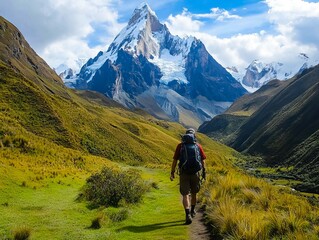 Fototapeta premium A man with a backpack walking down a trail in the mountains