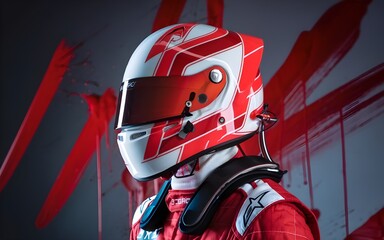 Fototapeta premium Stylish Race Car Driver in Motion: Futuristic Helmet Design