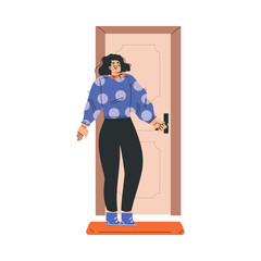 Woman Character at the Door as Home Entrance Vector Illustration
