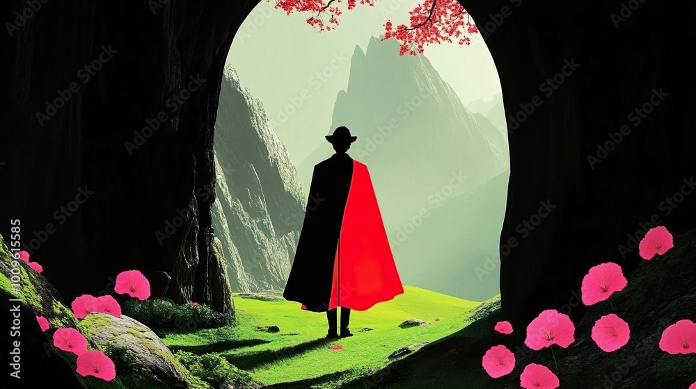 Canvas Prints Silhouette of a Figure in a Red Cape Standing Before a Mountain Landscape