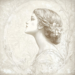 Fototapeta premium Vintage portrait of a woman in profile with floral hair accents on a soft beige background