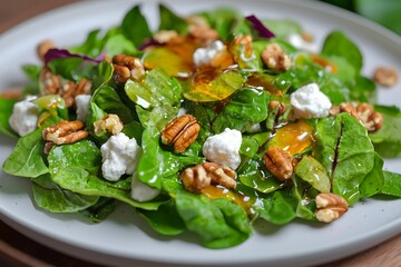 Fresh spinach salad with walnuts, feta, and olive oil dressing