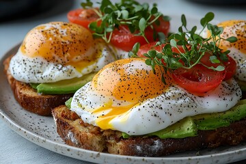 Delicious poached eggs on toast with avocado and fresh tomatoes