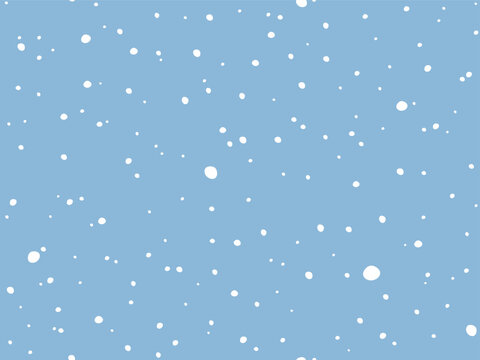 Snow Flakes background. Cold Snowy winter Holiday Background. White falling random flake on Blue. Simple Natural snowfall texture. Vector illustration. Dotted pattern for Package wallpaper design