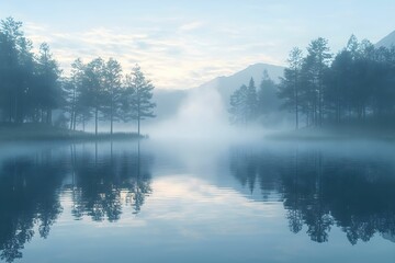 Misty morning over a tranquil lake surrounded by trees at dawn