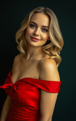 Naklejka premium Portrait Attractive young woman in red dress. Outfit for New Year's party.