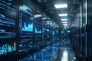 Fototapeta premium Advanced data center with glowing server racks and digital displays