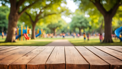 wooden table in park abstract blur background 