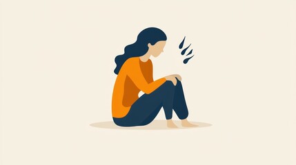 Fototapeta premium A woman sitting with her knees hugged, expressing sadness or contemplation.