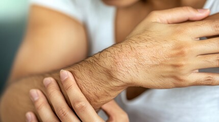 A close-up of a person examining their dry skin on the arm.