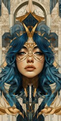 beautiful woman with blue hair, a golden halo above her head, and stained glass skin details