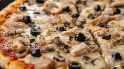 Delicious pizza topped with chicken, olives, mushrooms