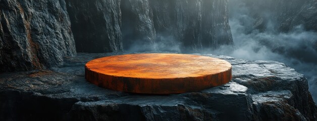 A vivid orange platform set against a misty rocky backdrop, perfect for showcasing products or promoting creativity, Mock up template for product presentation.