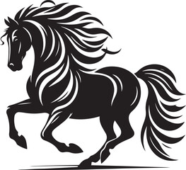 A black and white drawing of a horse with a black tail