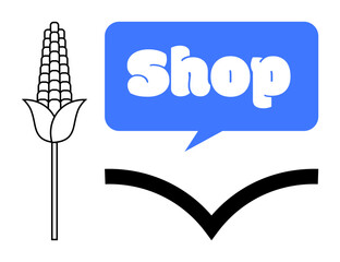 Blue speech bubble with white Shop text, black corn stalk and curved emblem highlight themes of agriculture, retail, communication, commerce and iconography. Ideal for farm logos, store signage