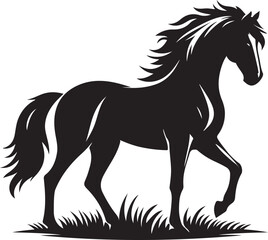 A black and white drawing of a horse with a black tail
